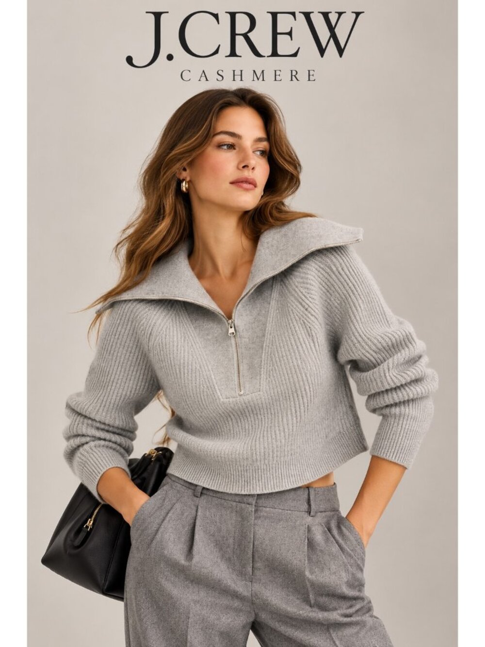 J.Crew Women's 100% Cashmere Cropped Half Zip Sweater Gray XS